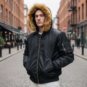 Vintage Jordan Craig Black Bomber Jacket Hooded Fur Trim Orange Lined 4XL NEW